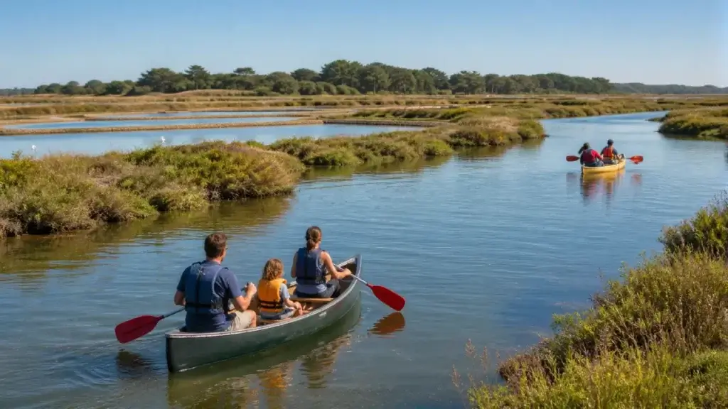 Famille en canoë sur une rivière du marais des Olonnes en Vendée