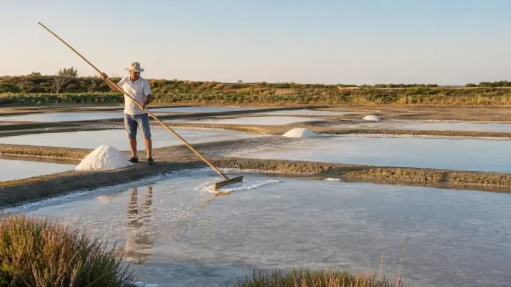 Saunier récoltant le sel à la simouche sur un marais salant en Vendée