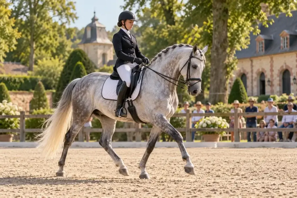 Cavalière en dressage dans la carrière du haras de la Vendée